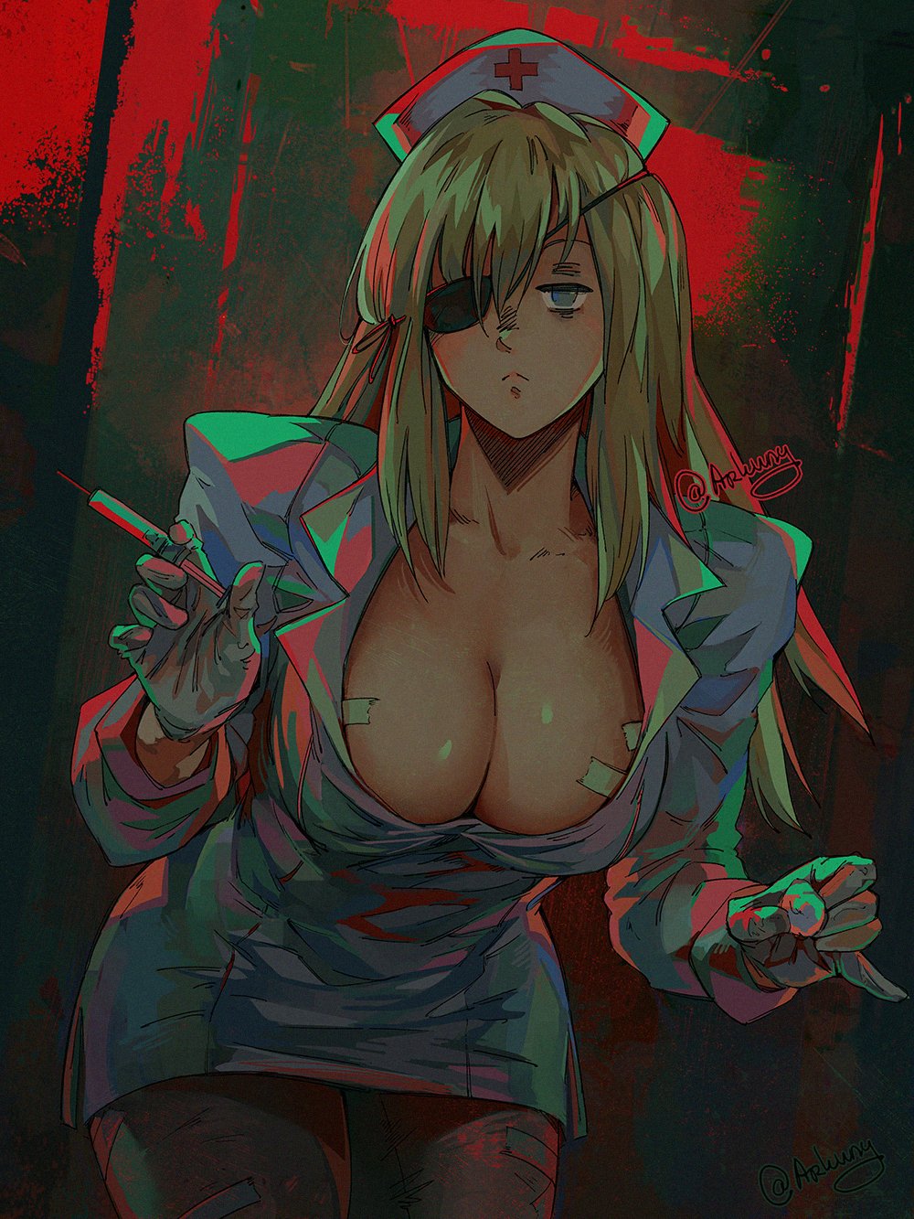 1girl, arkuny, blonde_hair, breasts, cleavage, commentary, cross, dorohedoro