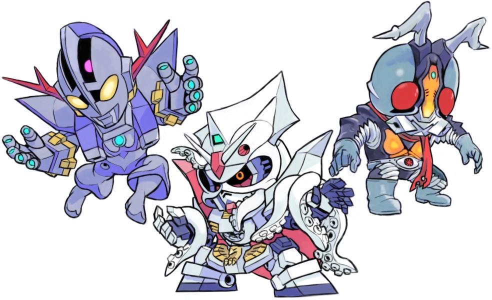 aburaya_tonbi, chibi, compati_hero, fusion, gundam, ikadevil, kaiju, kamen_rider