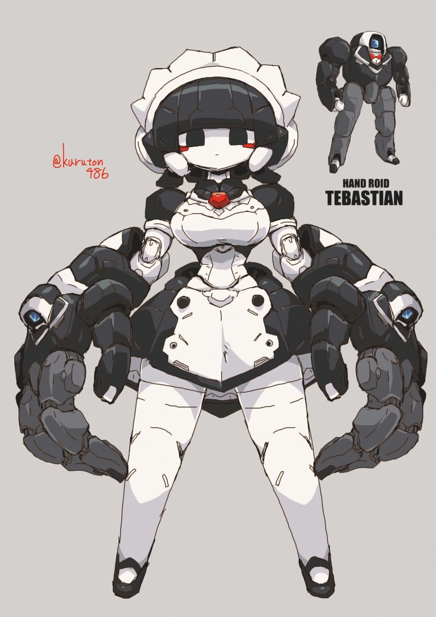 1girl, android, black_eyes, breasts, expressionless, highres, kuruton486, large_breasts, large_hands, looking_at_viewer, maid, maid_headdress, mecha, original, robot, science_fiction, solo_focus, twitter_username