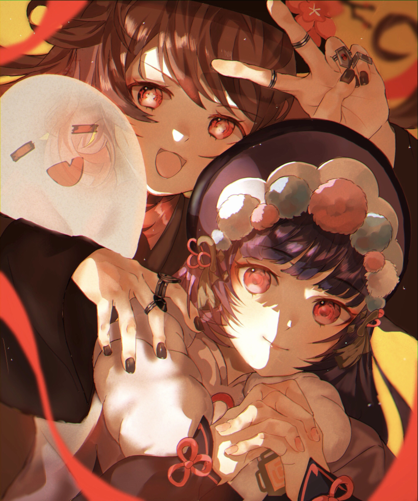 2girls, absurdres, bad_id, bad_pixiv_id, black_nails, brown_hair, capelet, chinese_clothes, chinese_knot, coat, emaaa_0228, flower, flower-shaped_pupils, genshin_impact, ghost, hat, highres, hu_tao_(genshin_impact), jewelry, lips, lolita_fashion, looking_at_viewer, multiple_girls, nail_polish, pink_capelet, plum_blossoms, pom_pom_(clothes), porkpie_hat, qi_lolita, red_eyes, ring, symbol-shaped_pupils, v, vision_(genshin_impact), yun_jin_(genshin_impact)
