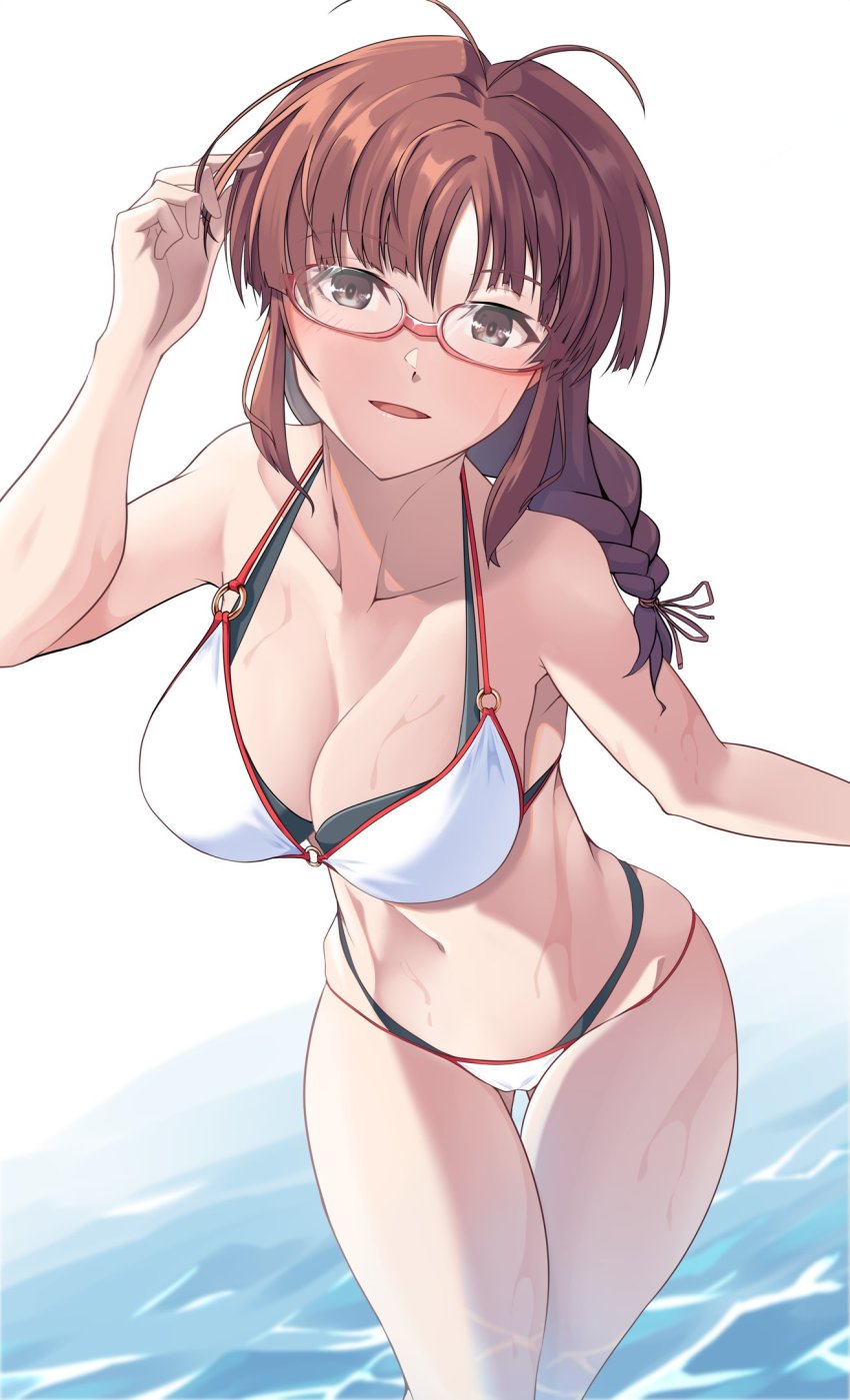 1girl, akizuki_ritsuko, antenna_hair, bikini, blush, braid, braided_ponytail, breasts, brown_hair, cleavage, collarbone, feet_out_of_frame, glasses, hadaka_megane, halterneck, highres, idolmaster, idolmaster_(classic), medium_breasts, multi-strapped_bikini, outdoors, side_ponytail, skindentation, smile, solo, string_bikini, swimsuit, thigh_gap
