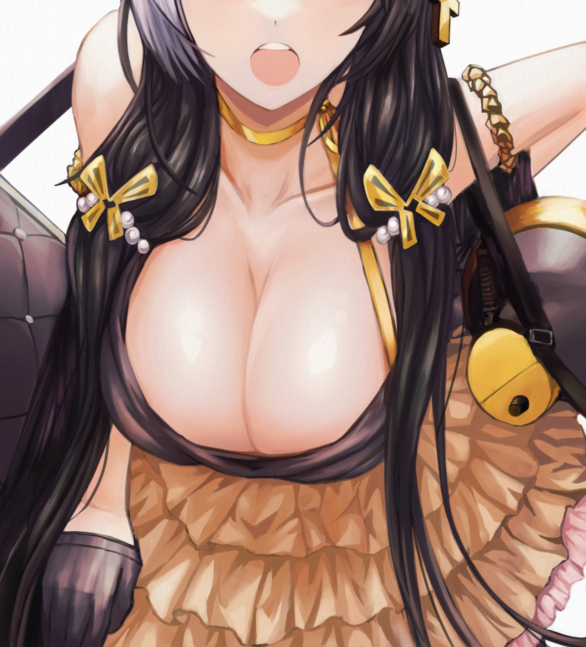 1girl, absurdres, bare_shoulders, black_hair, breasts, cleavage, dress, gabang
