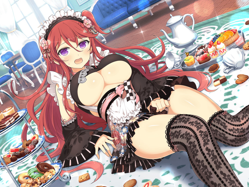 1girl, ashiya_(senran_kagura), breasts, cup, dropped_object, embarrassed, food, heart