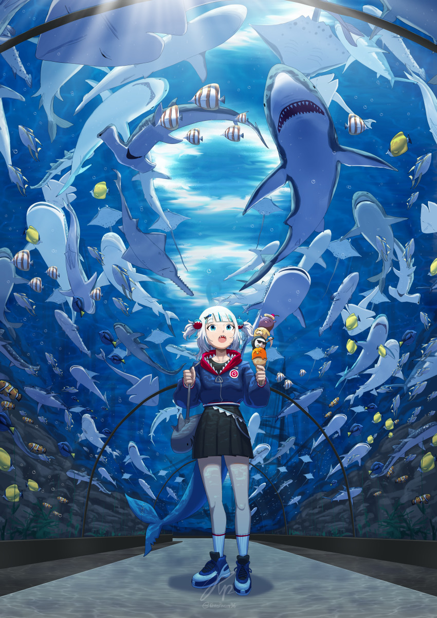 1girl, :o, absurdres, alternate_costume, aquarium, awestruck, bag, black_skirt, blue_eyes, blue_hair, blue_hoodie, bubba_(watson_amelia), casual, cherry, clownfish, death-sensei_(mori_calliope), fins, fish, fish_hair_ornament, fish_tail, food, fruit, full_body, gawr_gura, great_white_shark, hair_ornament, hallway, hammerhead_shark, handbag, highres, holding, holding_bag, hololive, hololive_english, hood, hoodie, ice_cream_cone, khoaphan96, kotori_(takanashi_kiara), looking_up, multicolored_hair, ocean_sunfish, open_mouth, pleated_skirt, sawfish, school_of_fish, shark_girl, shark_tail, sharp_teeth, shoes, signature, skirt, sneakers, socks, solo, stingray, streaked_hair, stuffed_animal, stuffed_shark, stuffed_toy, surgeonfish, tail, takodachi_(ninomae_ina'nis), teeth, too_many, too_many_fish, tropical_fish, tunnel, virtual_youtuber, water, whale_shark, white_hair, white_socks