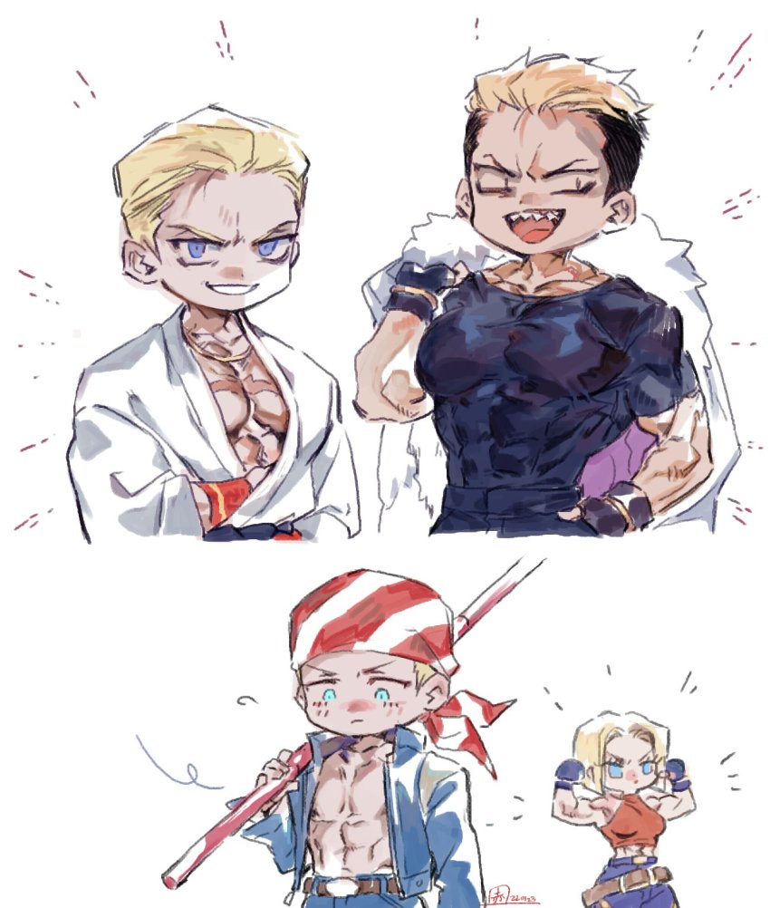 1girl, 3boys, akame_(chokydaum), bandana, belt, billy_kane, black_shirt, blonde_hair