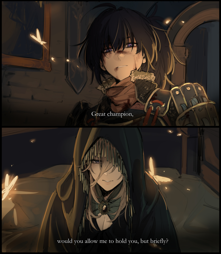 2girls, aponia, armor, bed, black_hair, blonde_hair, breasts, bug, butterfly, cleavage, cosplay, elden_ring, fia_the_deathbed_companion, fia_the_deathbed_companion_(cosplay), hair_between_eyes, highres, honkai_(series), honkai_impact_3rd, insect, japanese_armor, maiqo, multiple_girls, purple_eyes, raiden_mei, samurai_(elden_ring), samurai_(elden_ring)_(cosplay), subtitled, tarnished_(elden_ring), tarnished_(elden_ring)_(cosplay), yellow_butterfly