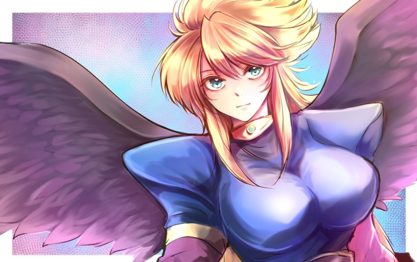 1girl, any813, blonde_hair, breasts, breath_of_fire, breath_of_fire_ii, closed_mouth, feathered_wings
