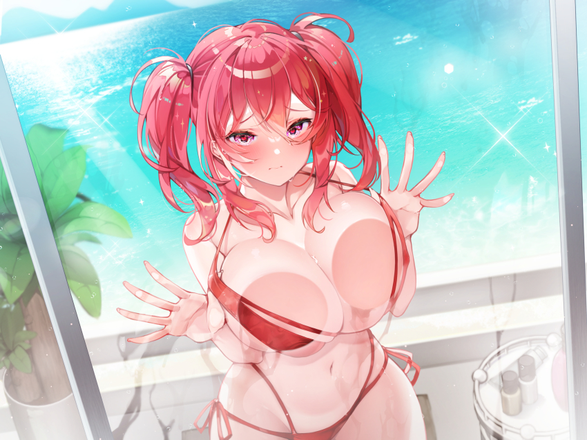 1girl, against_glass, bare_shoulders, bikini, blue_sky, blush, breast_press, breasts, cleavage, collarbone, day, duplicate, highres, huge_breasts, kanola_u, locked_outside, long_hair, looking_at_viewer, navel, ocean, original, outdoors, pink_eyes, pixel-perfect_duplicate, red_bikini, red_hair, sidelocks, sky, solo, summer, swimsuit, thighs, twintails