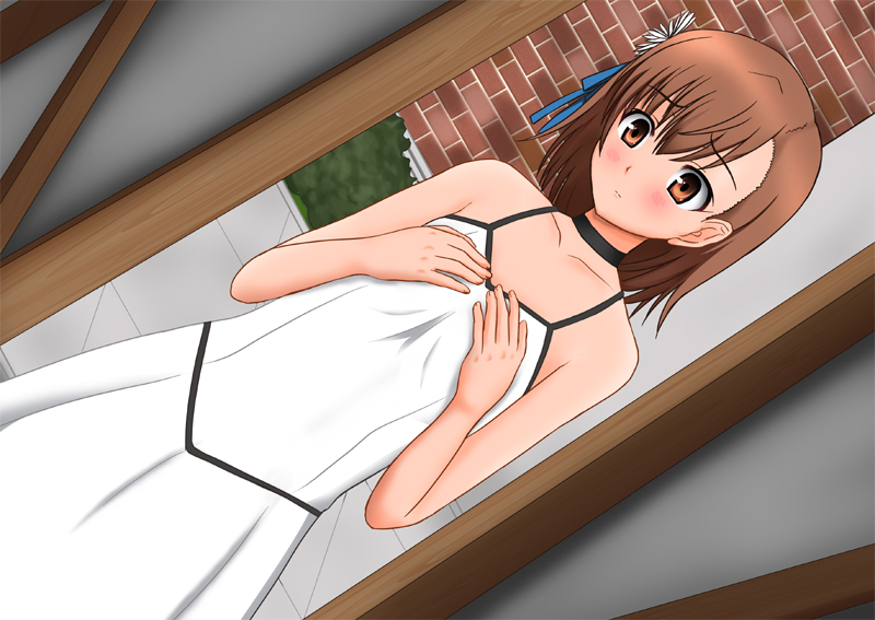 10s, 1girl, 2010, alternate_costume, bare_shoulders, blue_ribbon, blush, breast_conscious, breast_hold, breasts, brown_eyes, brown_hair, choker, collarbone, dress, dutch_angle, female_focus, flat_chest, hair_ornament, hair_ribbon, hands_on_own_chest, indoors, looking_at_breasts, matching_hair/eyes, mirror, misaka_mikoto, natsuzakura_yuuki, official_alternate_costume, reflection, ribbon, short_hair, sleeveless, sleeveless_dress, small_breasts, solo, standing, sundress, tabard, toaru_kagaku_no_railgun, toaru_majutsu_no_index, white_dress