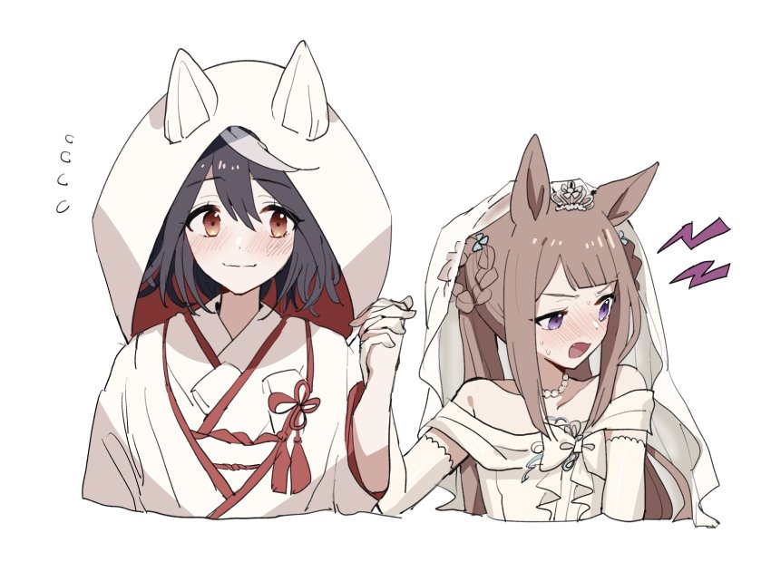 2girls, absurdres, animal_ears, black_hair, blush, bow, brown_eyes, brown_hair