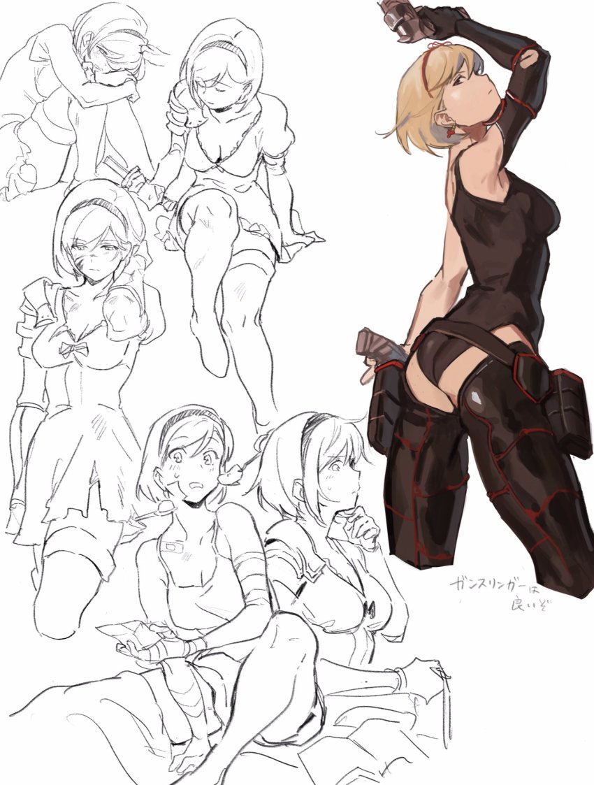 1girl, arm_up, ass, black_gloves, black_leotard, black_thighhighs, blonde_hair, breasts