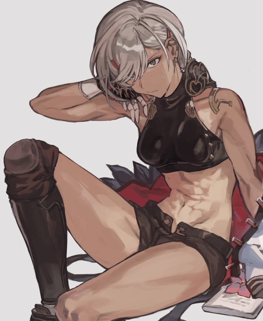 1girl, armor, breasts, brown_shorts, closed_mouth, crop_top, dark-skinned_female, dark_skin
