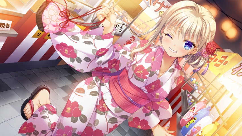 1girl, ambitious_mission, blonde_hair, blush, dutch_angle, festival, floral_print, game_cg