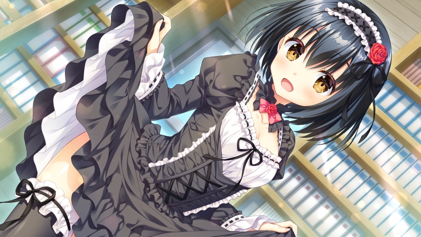 1girl, ambitious_mission, black_hair, bookshelf, breasts, cleavage, clothes_lift, dutch_angle