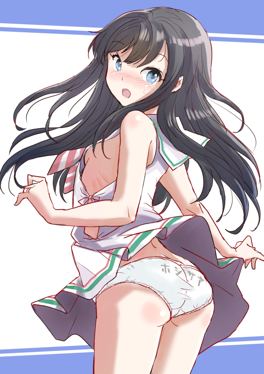 1girl, asashio_(kancolle), ass, black_hair, blue_eyes, breasts, clothes_lift, commentary_request, cosplay, cowboy_shot, dress, dress_lift, from_behind, fuji_(pixiv24804665), highres, kantai_collection, libeccio_(kancolle), libeccio_(kancolle)_(cosplay), long_hair, neckerchief, no_bra, panties, print_panties, ribs, sailor_collar, sailor_dress, side-tie_dress, sleeveless, sleeveless_dress, small_breasts, solo, striped_neckerchief, underwear, wedgie, white_dress, white_panties, white_sailor_collar