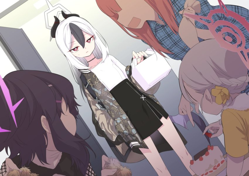 4girls, aru_(blue_archive), backpack, bag, black_hair, black_skirt, blue_archive, box, cake, door, dutch_angle, faceless, faceless_female, flower, food, hair_flower, hair_ornament, hairclip, halo, hand_in_pocket, haruka_(blue_archive), holding, holding_box, horns, indoors, jacket, kayoko_(blue_archive), long_hair, long_sleeves, looking_at_another, low_wings, multiple_girls, mutsuki_(blue_archive), nogiwa_kaede, off_shoulder, open_mouth, pastry_bag, plaid_clothes, plaid_shirt, purple_hair, red_eyes, shirt, single_wing, skirt, solo_focus, standing, sweatdrop, white_hair, white_skirt, wings, yellow_shirt