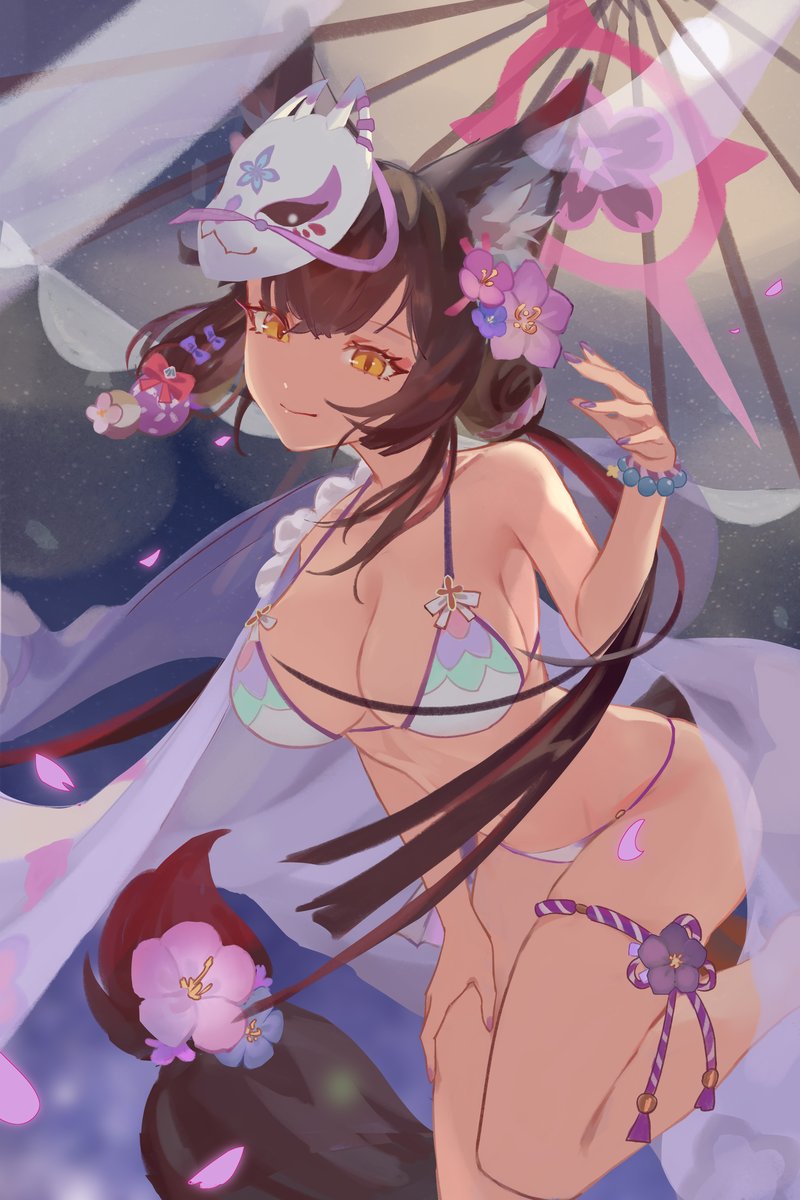 1girl, animal_ears, bare_shoulders, bead_bracelet, beads, bikini, blue_archive, bracelet, breasts, brown_hair, cherry_blossoms, cleavage, closed_mouth, colored_inner_hair, feet_out_of_frame, flower, fox_ears, fox_girl, fox_mask, fox_tail, hair_flower, hair_ornament, halo, halterneck, hand_on_own_thigh, highres, jewelry, large_breasts, long_hair, mask, mask_on_head, multicolored_hair, oil-paper_umbrella, petals, slit_pupils, smile, solo, string_bikini, swimsuit, tail, towel, umbrella, vogel, wakamo_(blue_archive), wakamo_(swimsuit)_(blue_archive), yellow_eyes