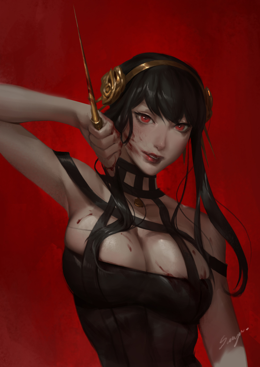 1girl, absurdres, arm_up, bare_shoulders, black_dress, black_hair, breasts, choker