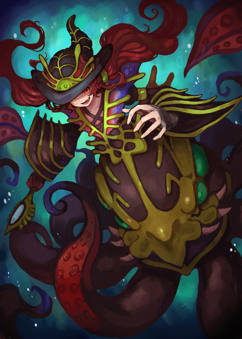 1girl, collarbone, duel_monster, evigishki_gustkraken, gloves, hand_up, hat, holding, holding_staff, ishii_(young-moon), long_hair, long_sleeves, monster_girl, open_mouth, red_eyes, red_hair, scylla, single_glove, solo, staff, tentacle_girl, tentacles, underwater, wide_sleeves, witch_hat, yu-gi-oh!