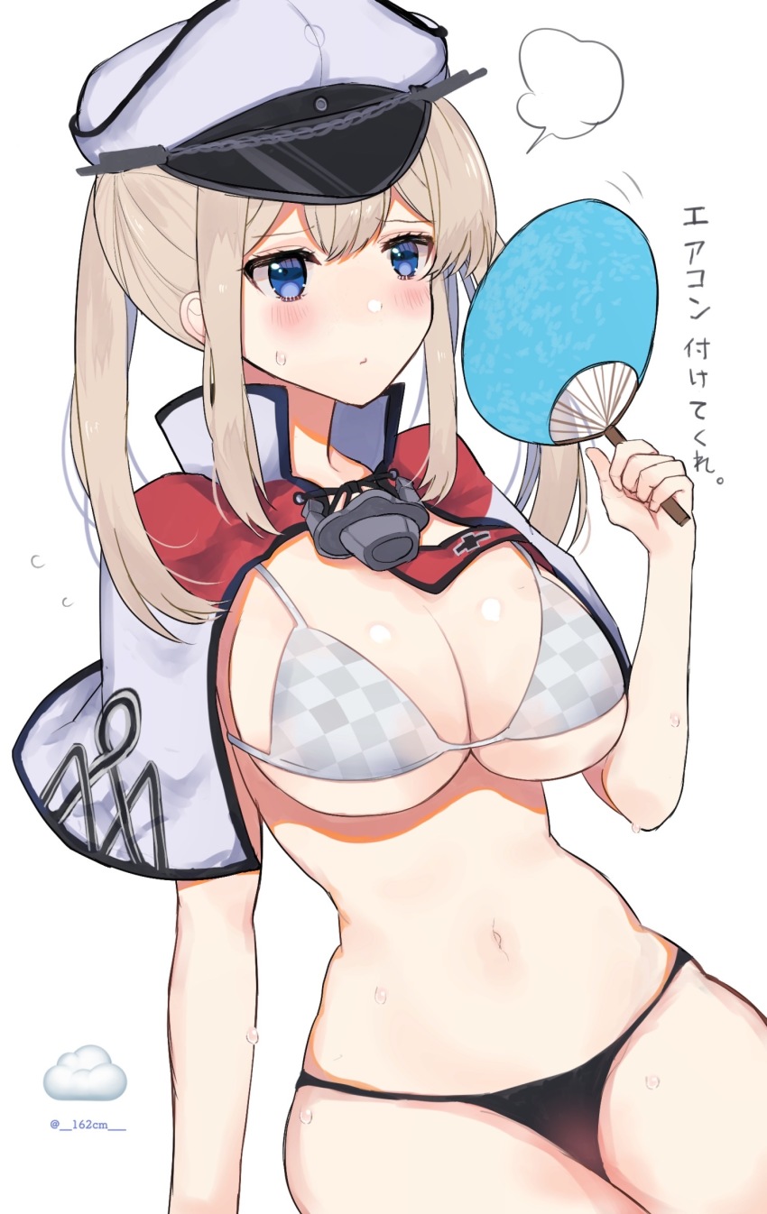 1girl, bikini, black_bikini, blonde_hair, blue_eyes, blush, breasts, capelet
