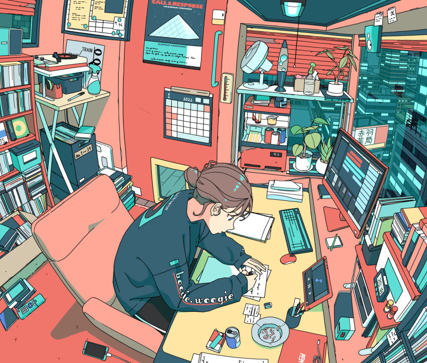 1girl, absurdly_detailed_composition, akabane_1999, armchair, ashtray, book, bookshelf, brown_hair