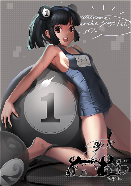 1girl, alphonse_(white_datura), armpits, ball, barefoot, billiard_ball, black_hair, breasts