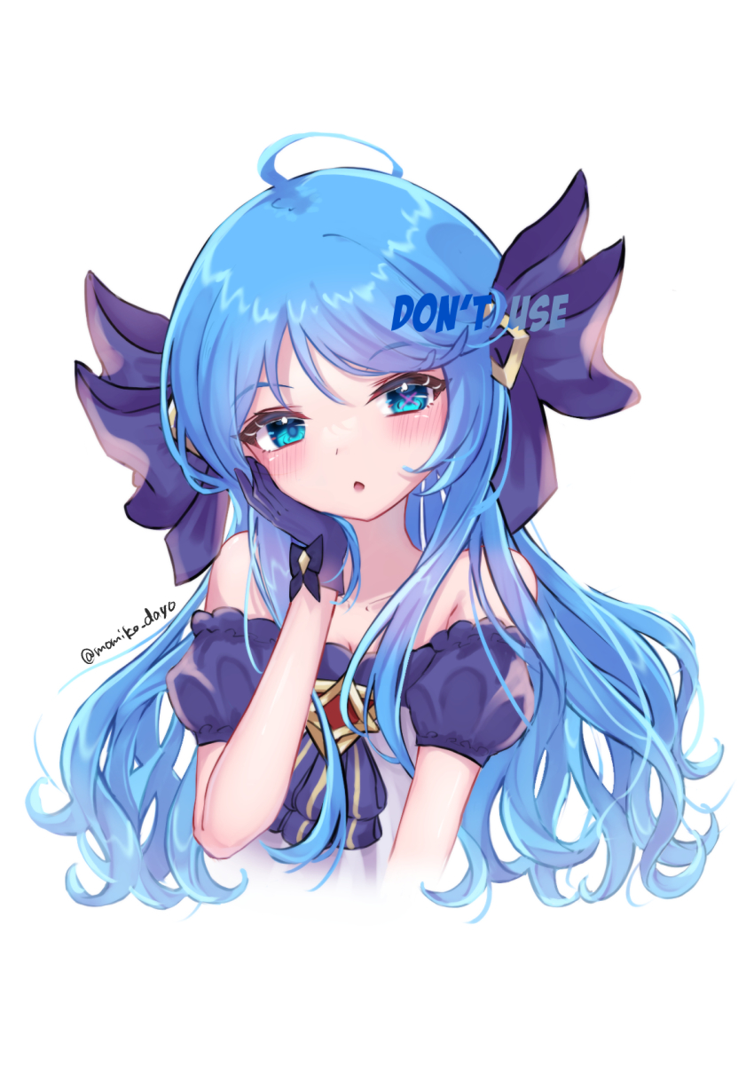 1girl, :o, ahoge, alternate_hairstyle, artist_name, bare_shoulders, black_bow, black_dress