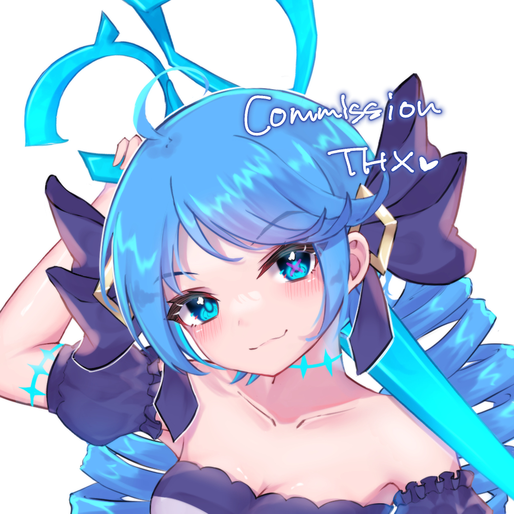 1girl, :3, bare_shoulders, black_bow, black_dress, blue_hair, blush, bow