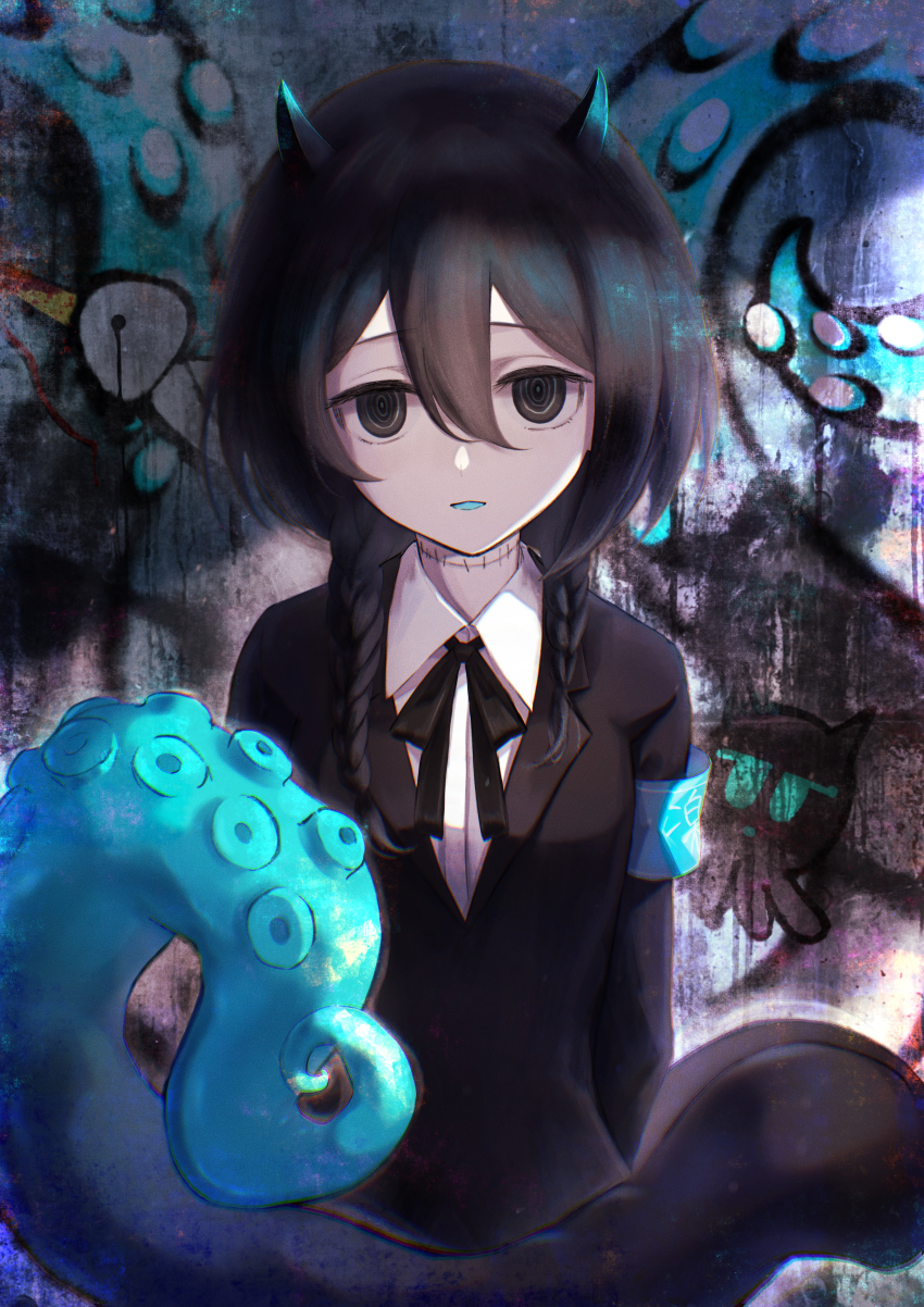 1girl, absurdres, black_eyes, black_hair, braid, demon_girl, demon_horns, happa_de_happy