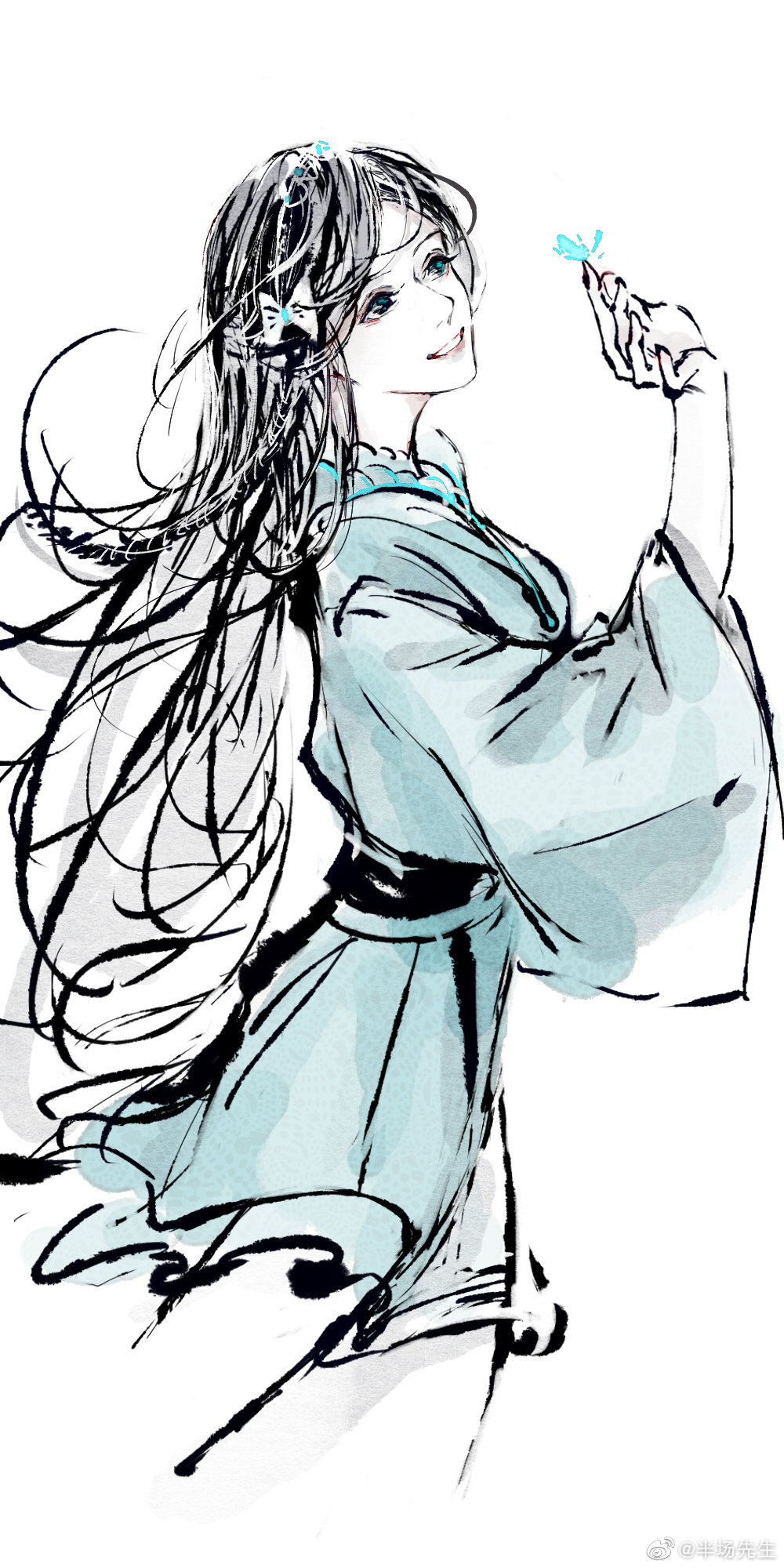 1girl, banchang_xiansheng, black_hair, braid, bug, butterfly, douluo_dalu, dress