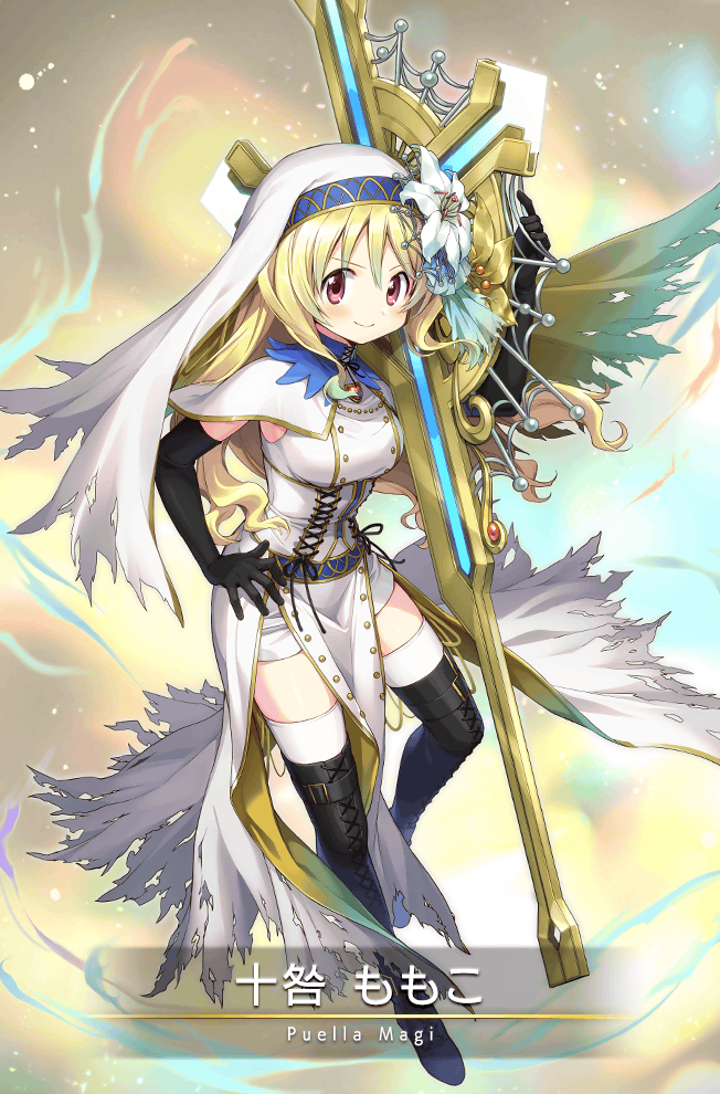 1girl, belt, belt_boots, black_boots, black_gloves, black_thighhighs, blonde_hair, boots, breasts, capelet, card_(medium), carrying, carrying_over_shoulder, character_name, closed_mouth, copyright_name, cross, cross-laced_clothes, curly_hair, daffodil, dot_nose, dress, elbow_gloves, flower, full_body, game_cg, gloves, gradient_background, gradient_hair, green_background, green_hair, green_ribbon, habit, hair_flower, hair_ornament, hair_ribbon, hand_on_own_hip, high_collar, imoan, lace-up_boots, large_breasts, latin_cross, light_blush, light_particles, long_dress, long_hair, looking_at_viewer, magia_record:_mahou_shoujo_madoka_magica_gaiden, magical_girl, mahou_shoujo_madoka_magica, multicolored_background, multicolored_hair, nun, nun_headdress, official_alternate_costume, official_art, pelvic_curtain, red_eyes, ribbon, smile, solo, soul_gem, sparkle, spider_web_hair_ornament, thigh_boots, thighhighs, thighhighs_under_boots, thighs, third-party_source, togame_momoko, togame_momoko_(sister_ver.), torn_clothes, torn_dress, translated, white_capelet, white_dress, white_flower, white_headwear, white_thighhighs, yellow_background, yellow_flower, zettai_ryouiki