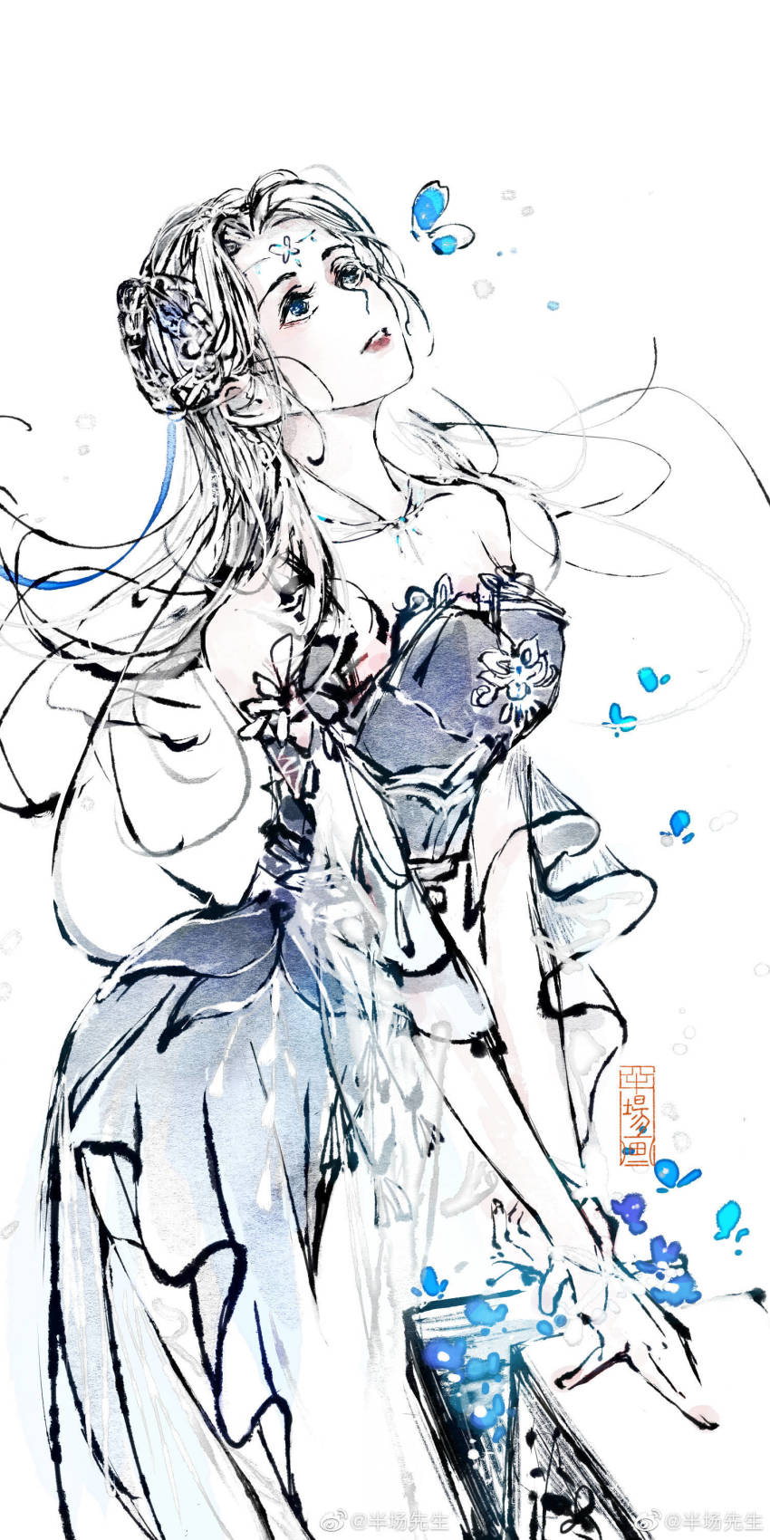 1girl, absurdres, banchang_xiansheng, blue_dress, bug, butterfly, douluo_dalu, dress