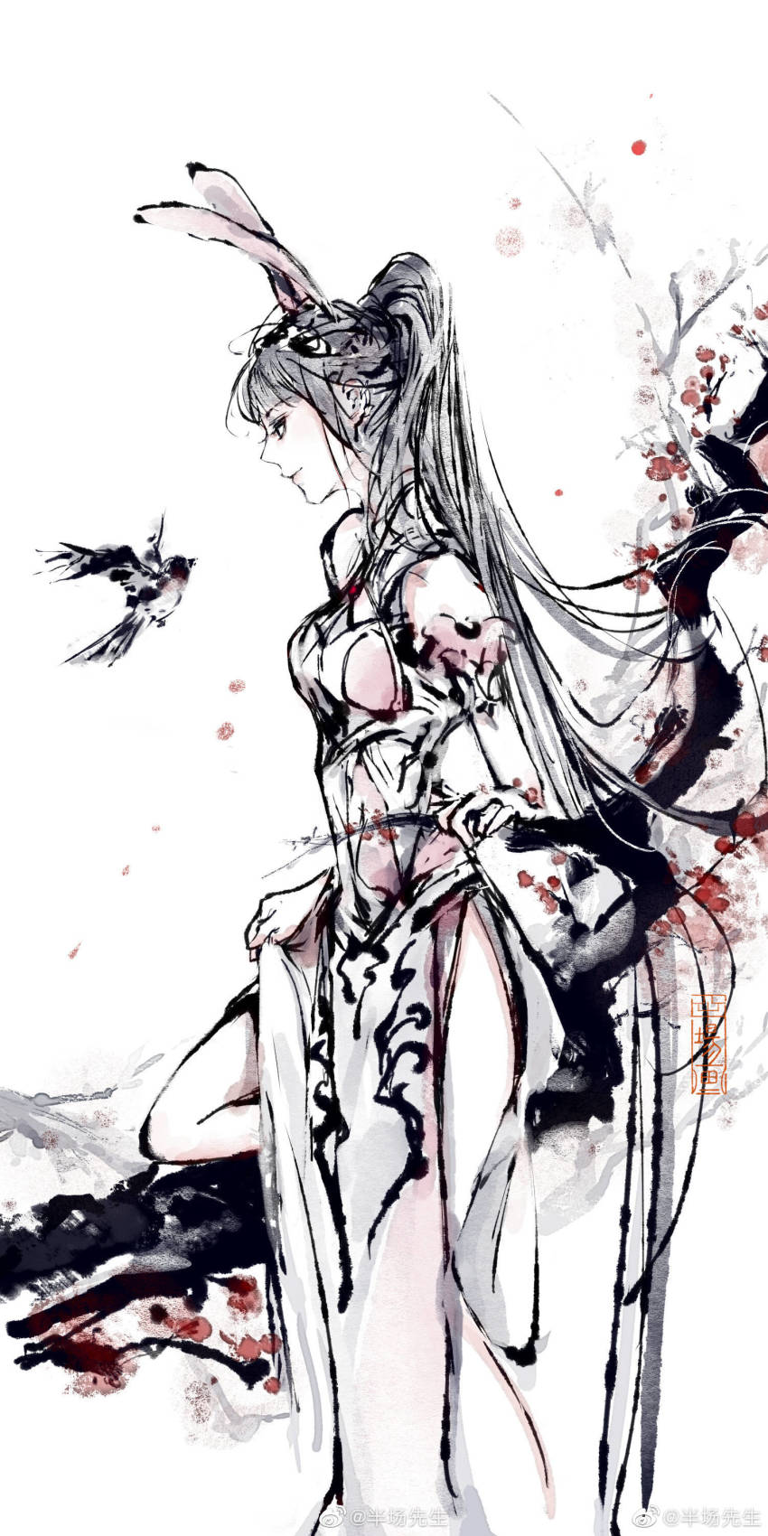 1girl, absurdres, animal_ears, banchang_xiansheng, bare_legs, bird, black_hair, clothing_cutout