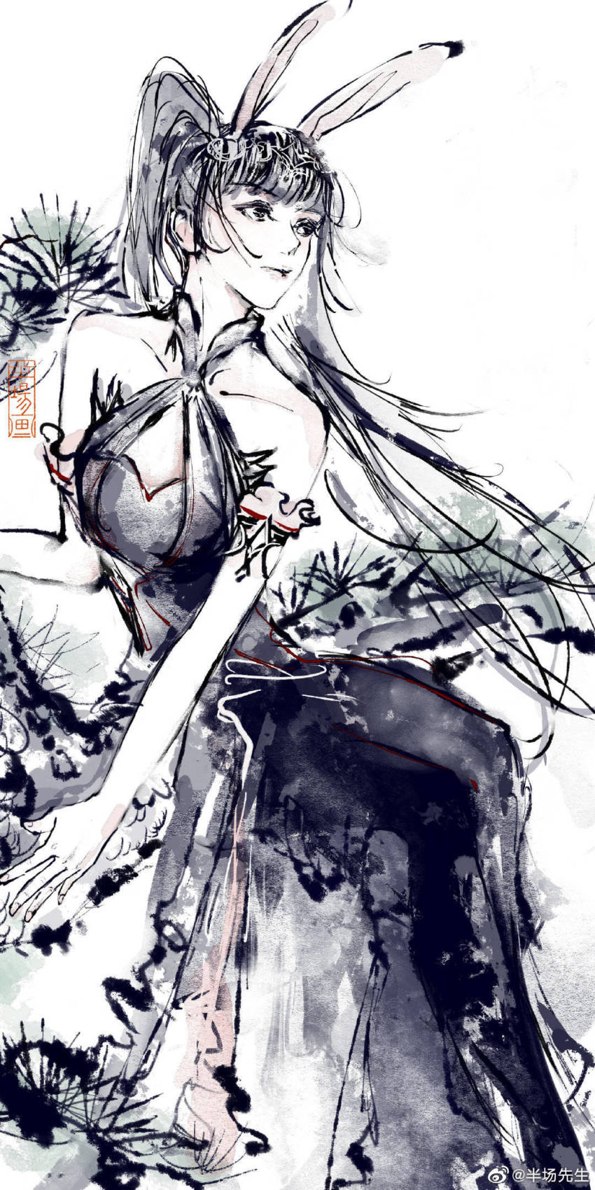 1girl, animal_ears, banchang_xiansheng, branch, closed_mouth, clothing_cutout, douluo_dalu, dress, greyscale, hair_ornament, highres, long_skirt, looking_to_the_side, monochrome, ponytail, rabbit_ears, sitting, skirt, white_background, xiao_wu_(douluo_dalu)