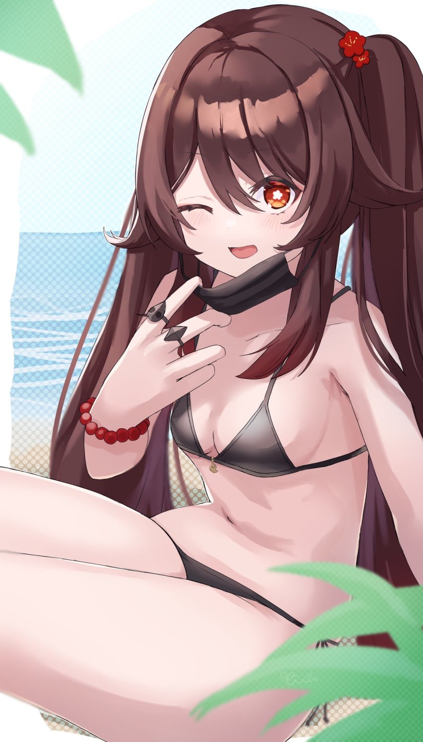 1girl, beach, bikini, blush, brown_hair, flower, flower-shaped_pupils, genshin_impact