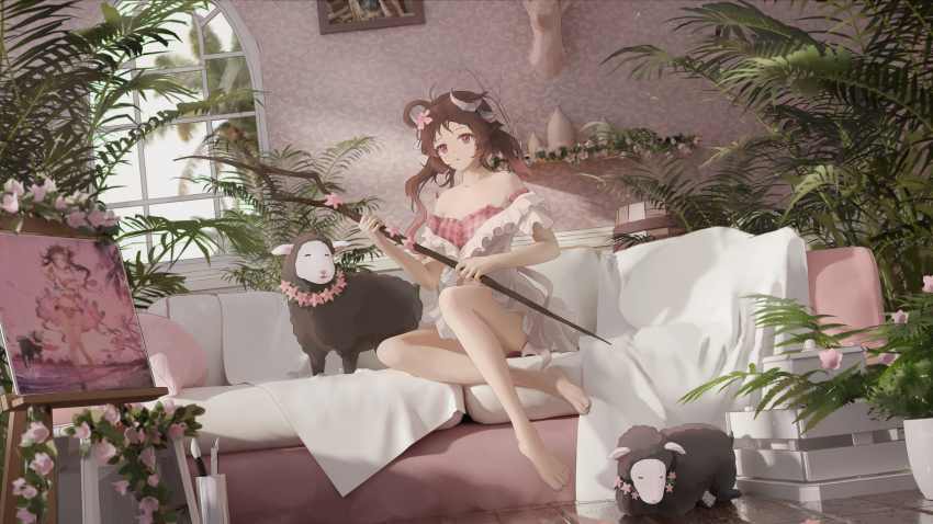 1girl, absurdres, animal_ears, annotated, antenna_hair, arknights, barefoot, barrel