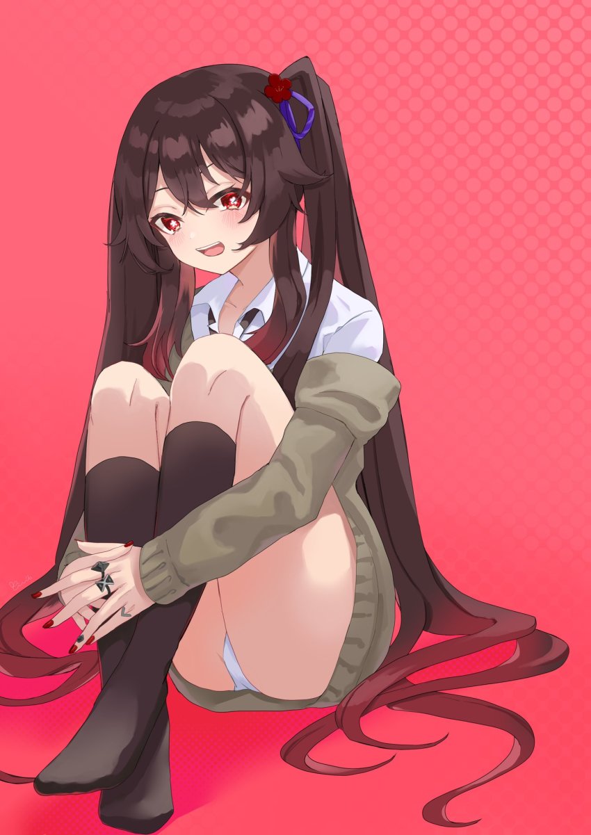 1girl, blush, brown_hair, flower-shaped_pupils, full_body, genshin_impact, gradient_hair, highres