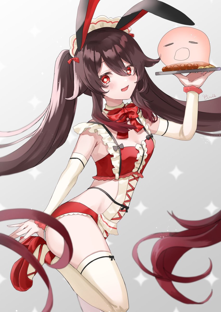 1girl, animal_ears, blush, brown_hair, flower-shaped_pupils, food, genshin_impact, ghost, highres, hu_tao_(genshin_impact), looking_at_viewer, open_mouth, rabbit_ears, red_eyes, simple_background, symbol-shaped_pupils, thighs, twintails, whitestonenari