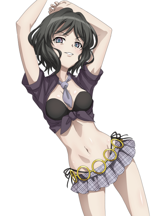 1girl, american_school_uniform, black_bra, black_hair, blush, bra, breasts, eyebrows_hidden_by_hair, fujikawa_daichi, kohinata_miku, medium_breasts, microskirt, midriff, navel, necktie, school_uniform, senki_zesshou_symphogear, shem-ha, short_hair, simple_background, skirt, solo, underwear, white_background