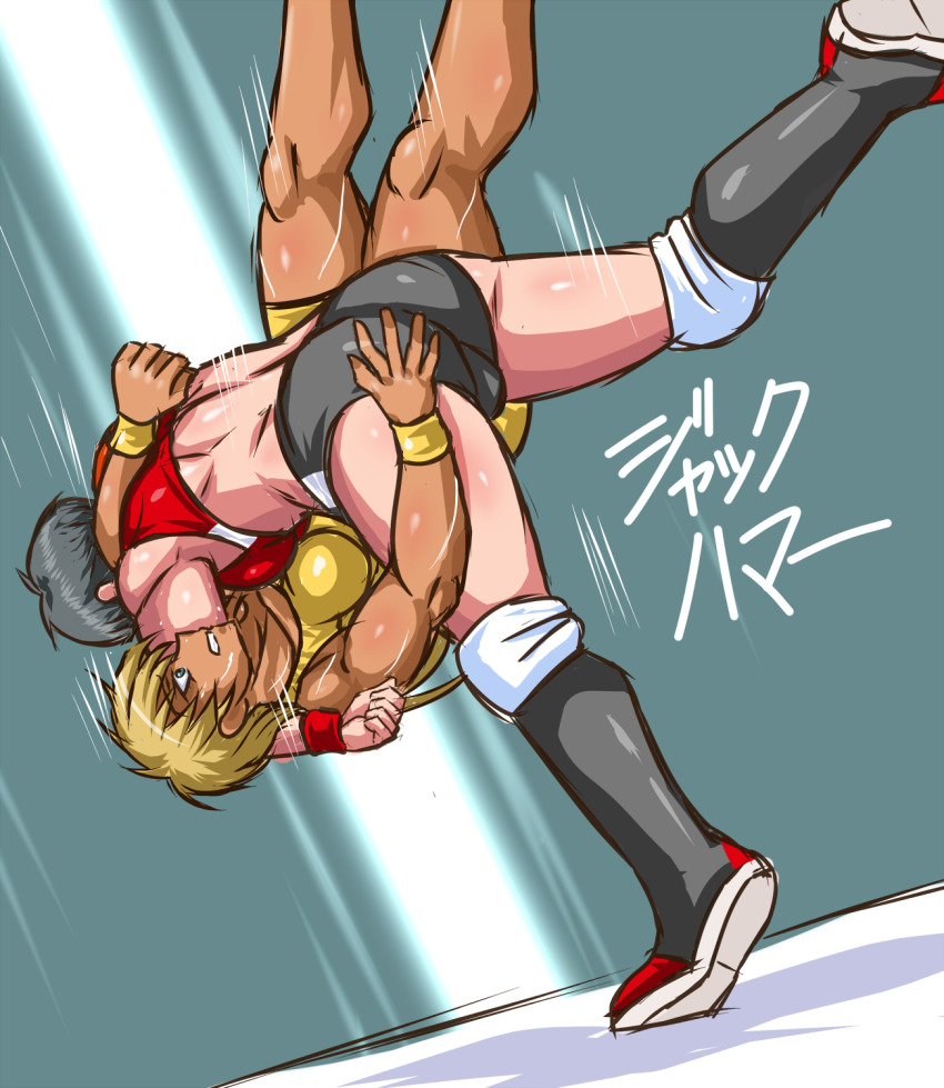 2girls, ass, blonde_hair, blue_eyes, boots, highres, knee_pads, multiple_girls