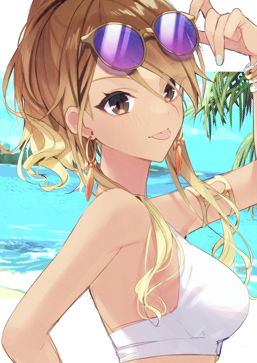 1girl, :p, arm_up, armpits, bikini, bikini_top_only, blonde_hair, blush, bracelet, brown_hair, chobo_ume, earrings, eyewear_on_head, unworn_eyewear, feather_earrings, feathers, gradient_hair, highres, holding, holding_removed_eyewear, idolmaster, idolmaster_shiny_colors, izumi_mei, jewelry, letterboxed, looking_at_viewer, multicolored_hair, nail_polish, palm_tree, polka_dot, polka_dot_background, solo, swimsuit, tinted_eyewear, tongue, tongue_out, tree, upper_body, wavy_hair, white_bikini