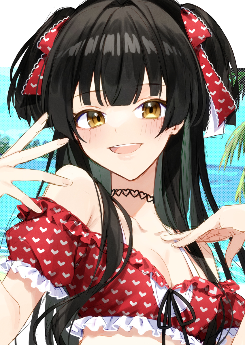 1girl, bikini, bikini_top_only, black_hair, blunt_bangs, blush, breasts, chobo_ume