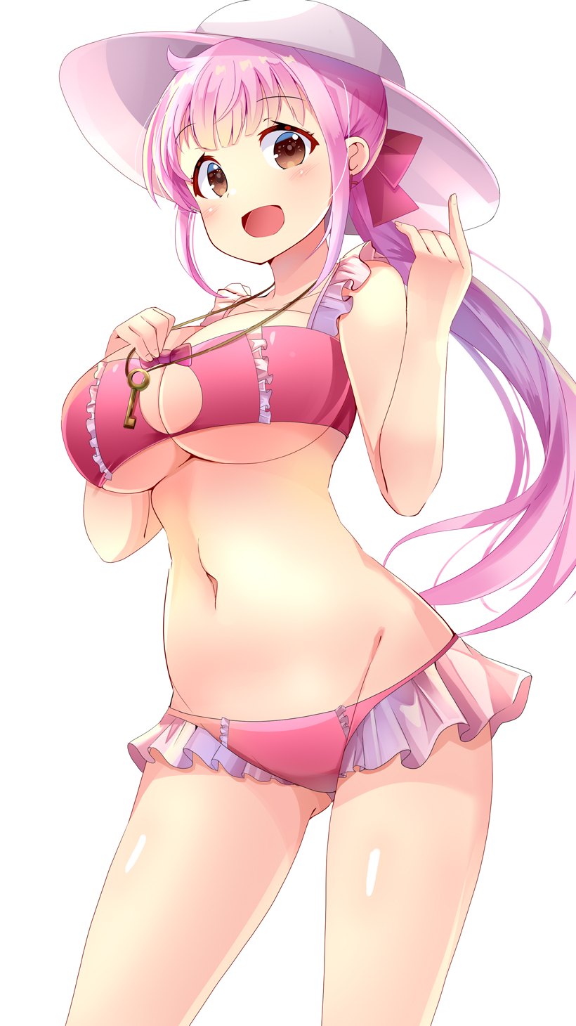 1girl, aru_(arudes), bikini, bikini_skirt, blush, breasts, brown_eyes, cleavage_cutout, clothing_cutout, eyebrows_hidden_by_hair, hat, highres, kazairo_kotone, large_breasts, long_hair, looking_at_viewer, navel, open_mouth, pink_bikini, pink_hair, ponytail, rpg_fudousan, simple_background, smile, solo, swimsuit, underboob, white_background