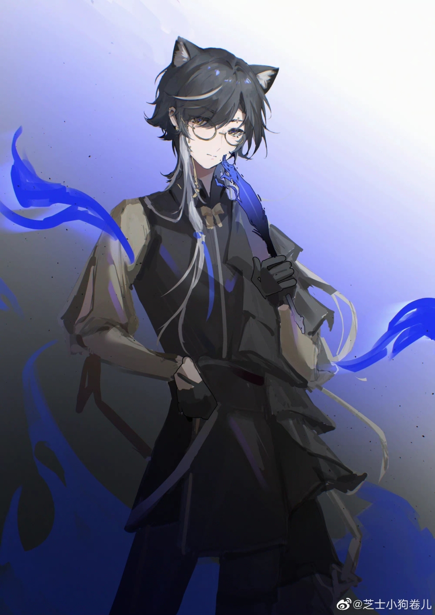 1boy, absurdres, animal_ears, arknights, bishounen, black_hair, blue_eyes, cat_boy