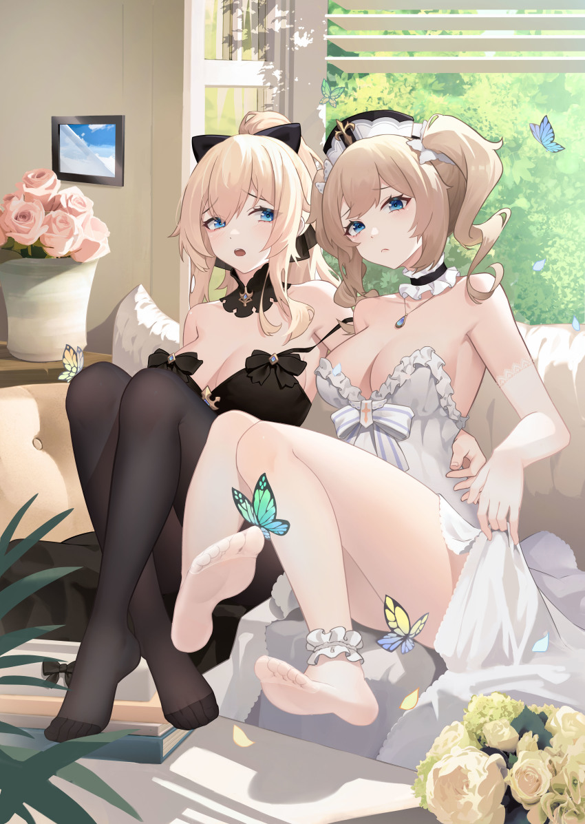2girls, absurdres, arm_around_another's_waist, barbara_(genshin_impact), bare_shoulders, black_dress, black_legwear, blonde_hair