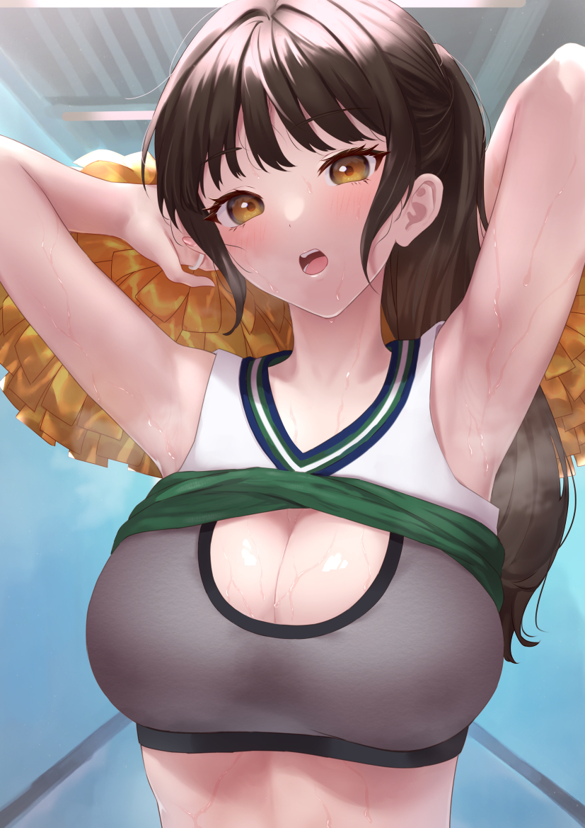 1girl, armpits, arms_up, blush, breasts, brown_hair, cheerleader, cleavage, cleavage_cutout, clothes_lift, clothing_cutout, hallway, holding, holding_pom_poms, large_breasts, looking_at_viewer, midriff, open_mouth, original, pom_pom_(cheerleading), pom_poms, ponytail, presenting_armpit, rolled_up, shirt_lift, sidelocks, sports_bra, steam, steaming_body, sweat, tank_top, tantansanpo, yellow_eyes