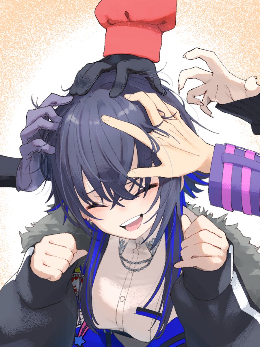 1girl, 4boys, ^_^, arisakaaa_(crazy_raccoon), black_gloves, black_hair, black_jacket, closed_eyes, collar_chain_(jewelry), collared_shirt, crazy_raccoon, daruma_is_god, fingernails, fur-trimmed_jacket, fur_trim, gloves, hair_between_eyes, happy, headpat, highres, ichinose_uruha, ichinose_uruha_(6th_costume), jacket, kinako_(crazy_raccoon), kuzuha_(nijisanji), laughing, long_fingernails, long_hair, long_sleeves, lupinus_virtual_games, multicolored_hair, multiple_boys, nijisanji, open_clothes, open_jacket, purple_gloves, reaching, reaching_towards_viewer, shirt, simple_background, streaked_hair, umi_painter, virtual_youtuber, vspo!, white_shirt