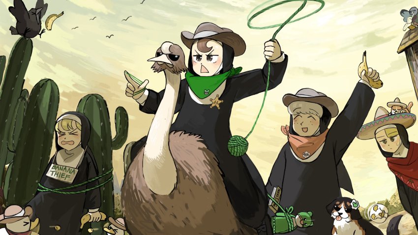 >_<, 4girls, :d, ^_^, animal, animal_on_head, arm_up, baby_animal