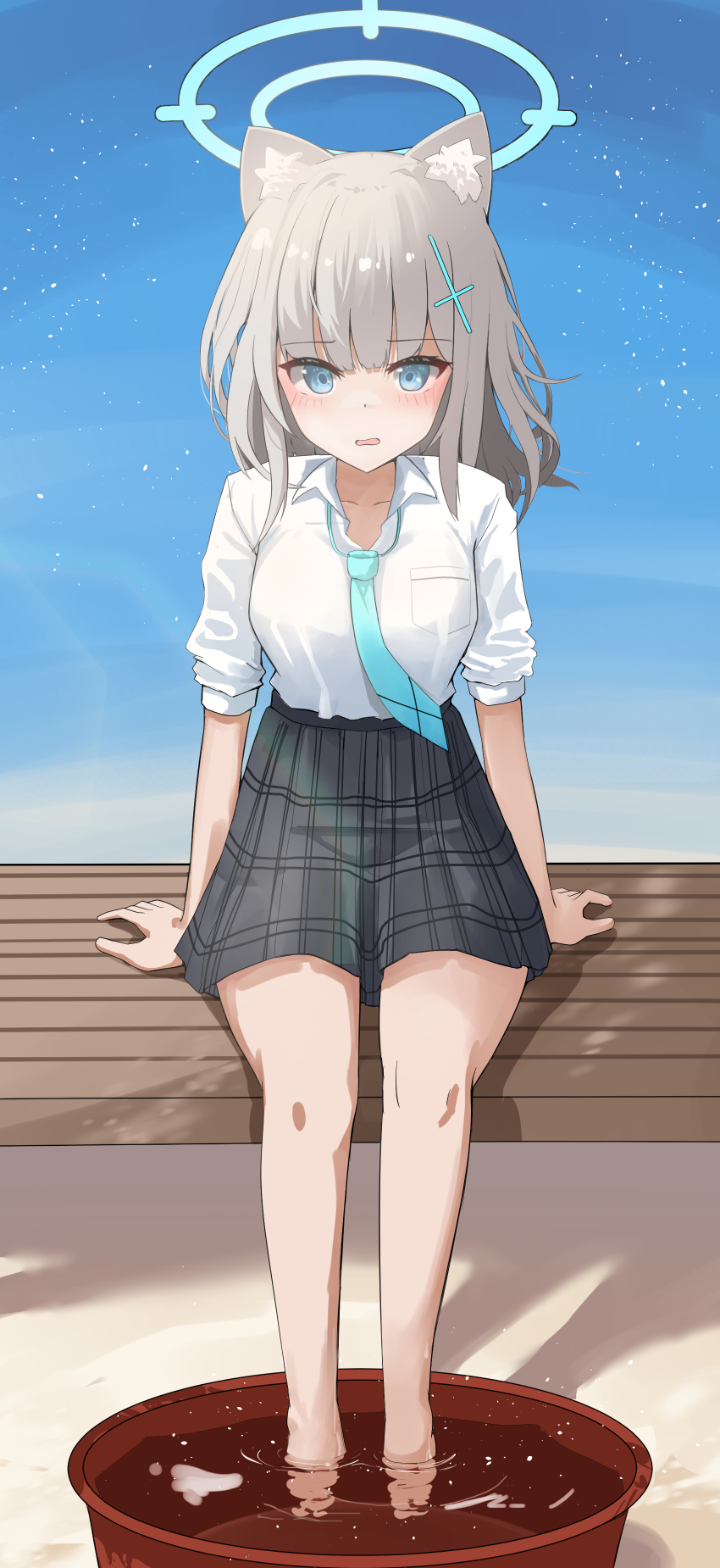 absurdres, animal_ear_fluff, animal_ears, arm_support, basin, blue_archive, breast_pocket, grey_hair