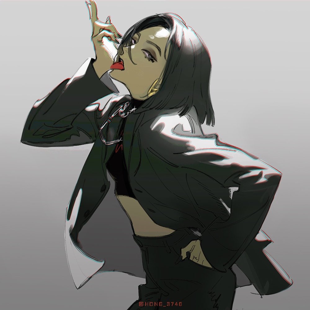 1girl, black_hair, black_jacket, black_pants, black_shirt, bob_cut, breasts, covered_erect_nipples, cowboy_shot, crop_top, earrings, eyeshadow, from_side, grey_background, hair_strand, hand_in_pocket, hand_up, hong_3740, i-dle, jacket, jewelry, long_sleeves, looking_at_viewer, makeup, necklace, open_clothes, open_jacket, open_mouth, pants, real_life, shirt, sideways_glance, skin_tight, small_breasts, solo, soyeon, tongue, tongue_out, twitter_username, w